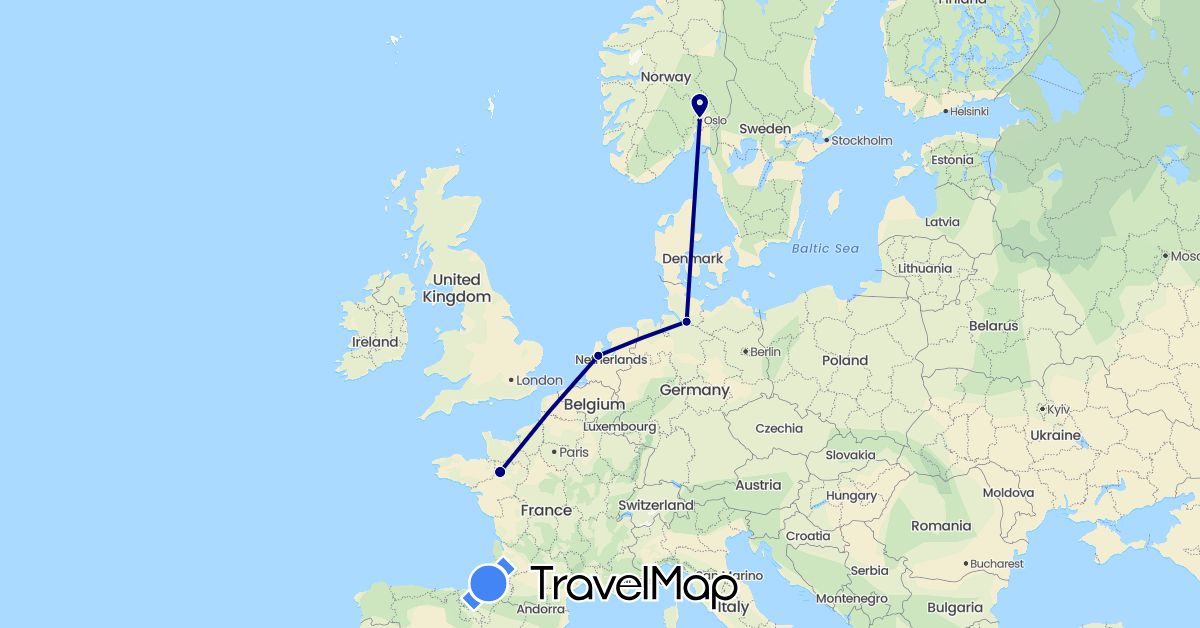 TravelMap itinerary: driving in Germany, France, Netherlands, Norway (Europe)