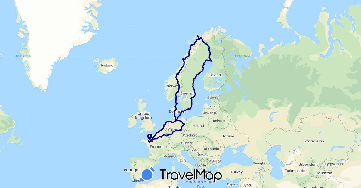 TravelMap itinerary: driving in Germany, Denmark, Finland, France, Netherlands, Norway, Sweden (Europe)